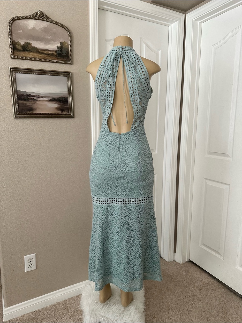 Guess Light Aqua Halter Lace Maxi Dress